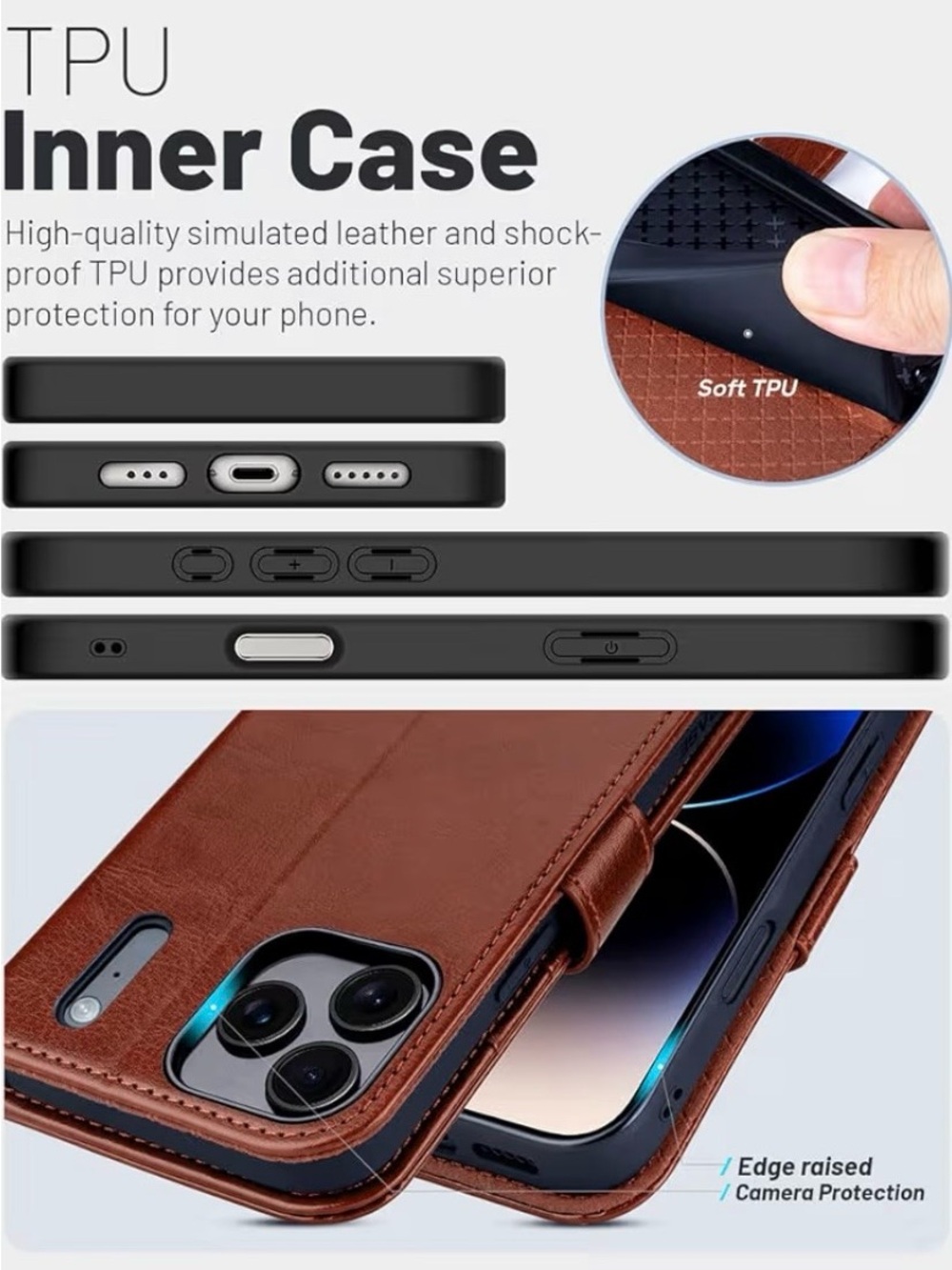 New OCASE Dark Cognac Brown PU Leather Wallet Phone Case for iPhone 17 Pro NIP - Picture 6 of 13